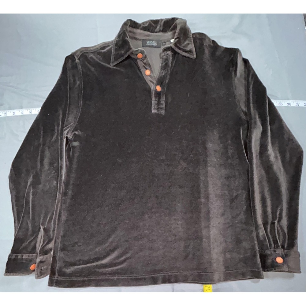 Versace Classic V2 Polo Shirt Mens Large Brown Velour Long Sleeve Logo Italy